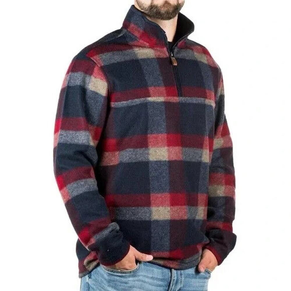 John Wayne Stock Supply Mens Plaid Fleece Red Blue 1/4 Zip Jacket Pullover M